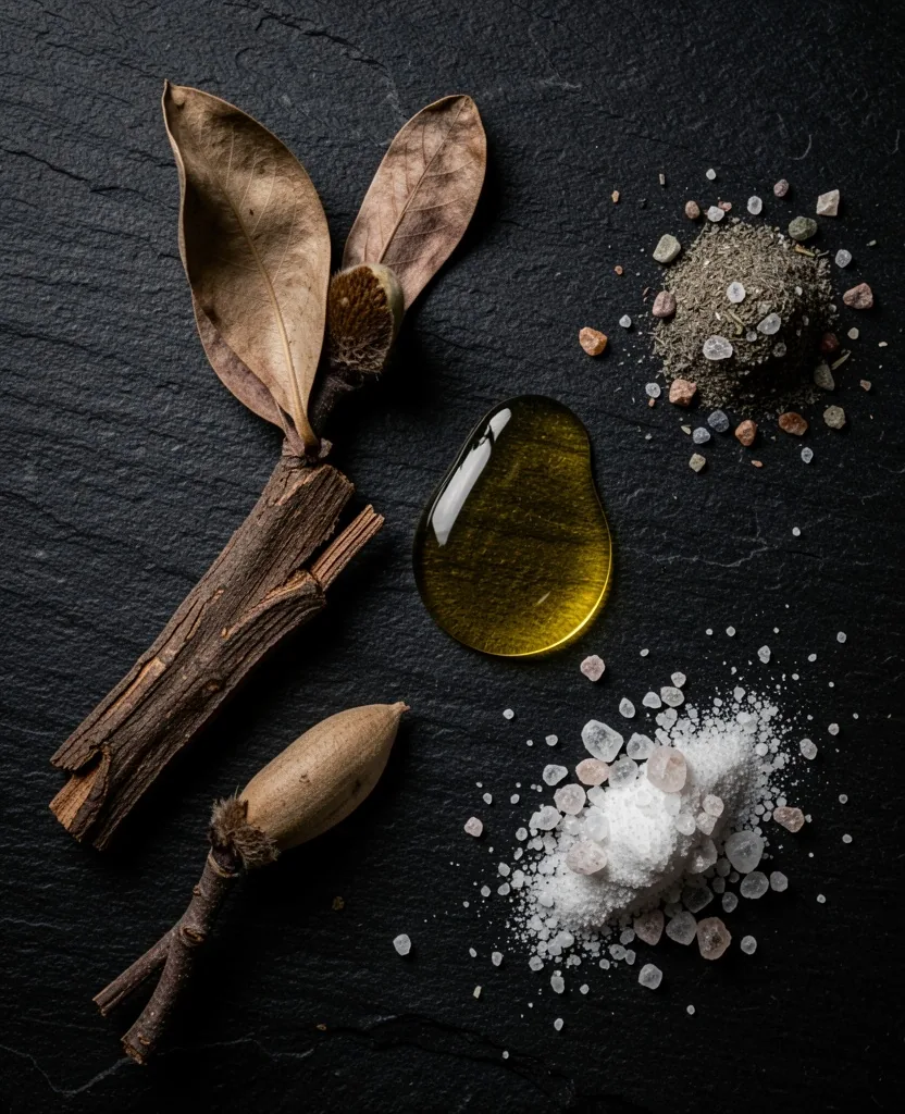 Organic supplement ingredients on dark surface